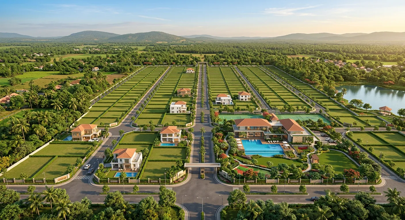 Aerial view of the Sattva Ekatra plotted development with landscaped avenues and clubhouse